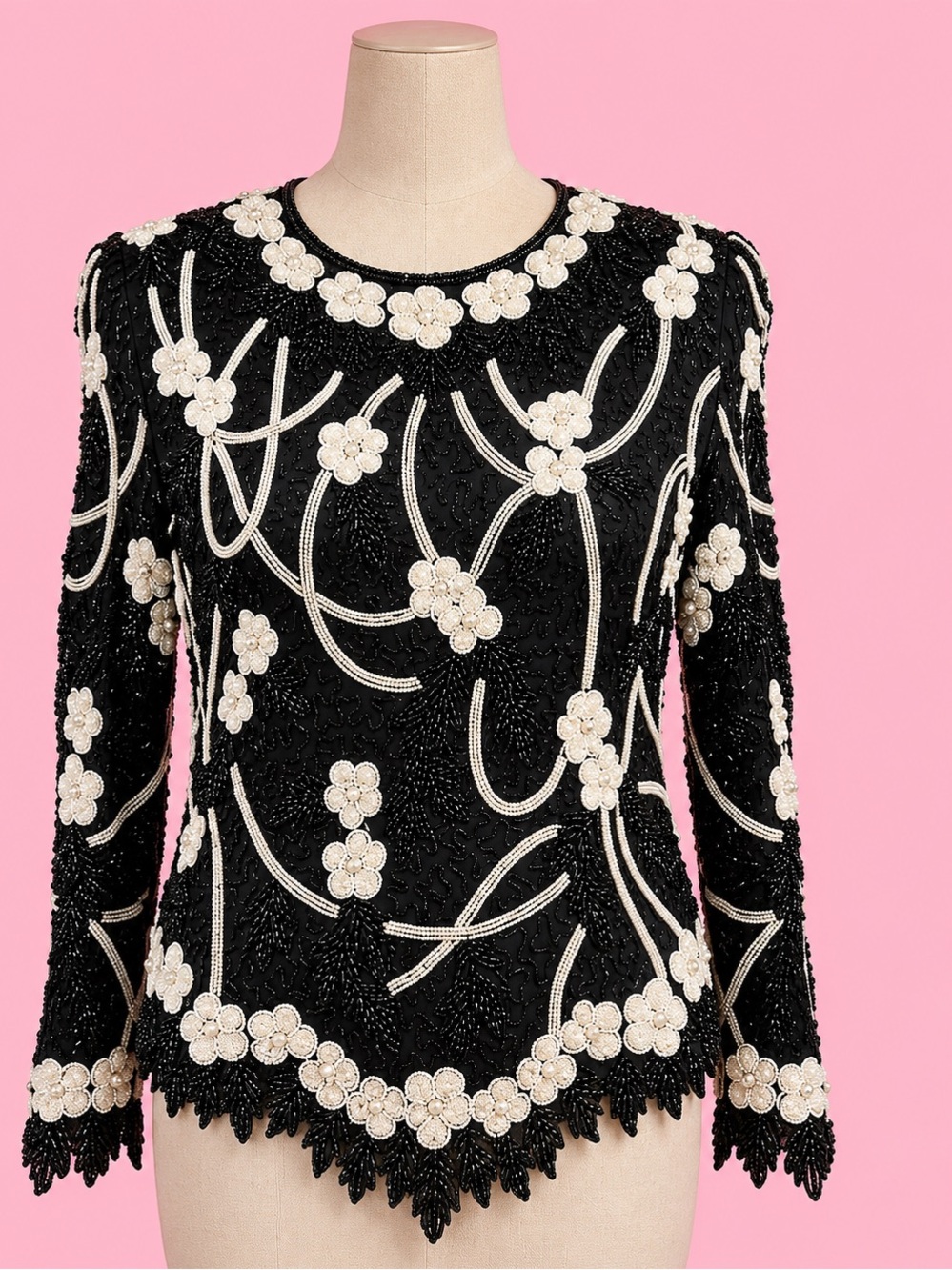 Vintage Scala Silk Beaded 3D Rosette Party Top Scalloped Hem size XL